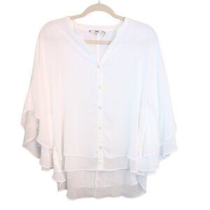 WOMEN'S WHITE BUTTON-UP SHEER LAYERED WING BLOUSE